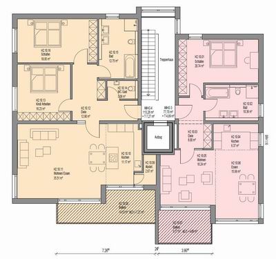 Grundriss der 1. und 2 Etage von Haus 63 und 65 mit Möblierung