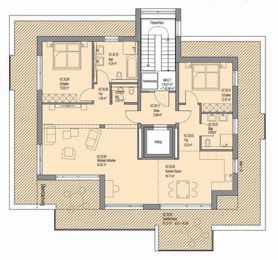 Grundriss  Penthaus Haus 63 und 65 mit Möblierung